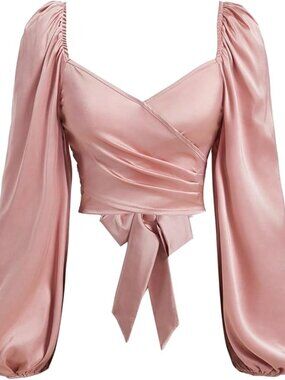 SOLY HUX Women's Lantern Long Sleeve Wrap Ruched Bow Tie Blouse Sweetheart Neck